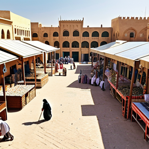 Home 11 **
A vibrant marketplace scene in a bustling Arab town, showcasing local crafts and produce. Solar panels are subtly integrated into the architecture, and happy families are seen benefiting from improved access to clean water and healthcare services. This illustrates sustainable development in action, blending tradition with modern solutions.
**