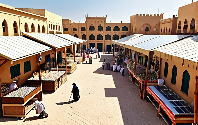 **
A vibrant marketplace scene in a bustling Arab town, showcasing local crafts and produce. Solar panels are subtly integrated into the architecture, and happy families are seen benefiting from improved access to clean water and healthcare services. This illustrates sustainable development in action, blending tradition with modern solutions.
**