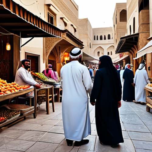 Home 6 Vibrant Community Gathering**
"A bustling marketplace scene in a traditional Arabic town, featuring families and individuals interacting, fully clothed in modest, colorful attire, professional atmosphere, safe for work, appropriate content, perfect anatomy, natural proportions, warm lighting, high-resolution photography, family-friendly."
**