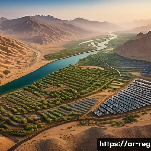 지역개발 마스터플랜 작성법 - A detailed aerial view of a diverse Middle Eastern landscape featuring a mountainous region transiti...