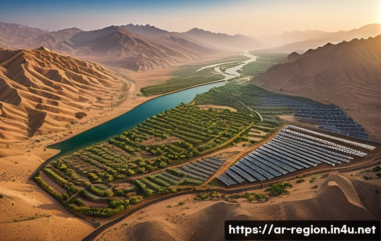 지역개발 마스터플랜 작성법 - A detailed aerial view of a diverse Middle Eastern landscape featuring a mountainous region transiti...