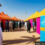 지역개발 주요 채용 공고 분석 - A vibrant local community job fair scene in an Arabic-speaking region, featuring diverse young profe...