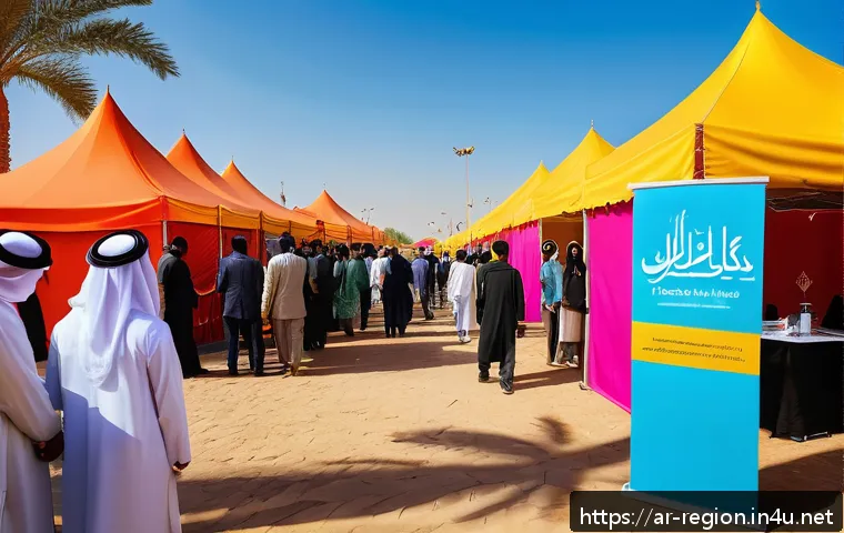 지역개발 주요 채용 공고 분석 - A vibrant local community job fair scene in an Arabic-speaking region, featuring diverse young profe...