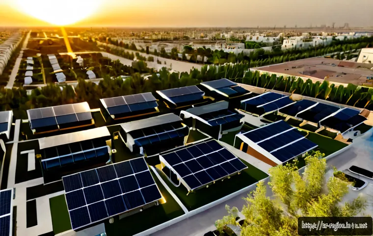 지역개발 최신 기술 트렌드 - Photorealistic aerial view of a modern Gulf-region neighborhood redevelopment, solar-panel rooftops,...